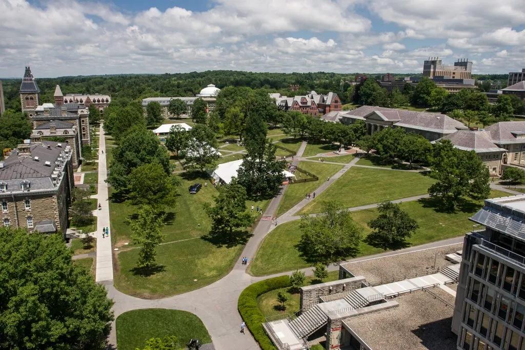 Cornell’s Arts Quad. Larry Noodles’s commentary questions whether elite-campus prestige translates into responsible fraternity supervision.