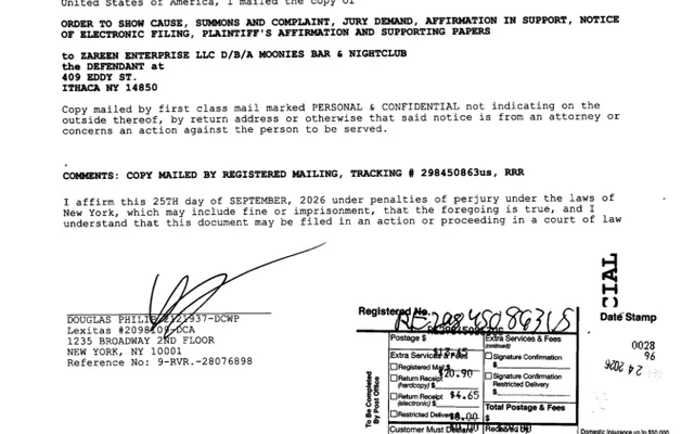 AFFIRMATION/AFFIDAVIT OF SERVICE (Motion #001) ZAREEN ENTERPRISE LLC D/B/A MOONIES BAR & NIGHTCLUB