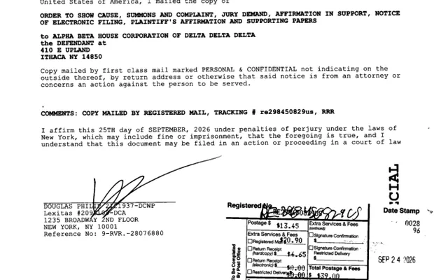 AFFIRMATION/AFFIDAVIT OF SERVICE (Motion #001) ALPHA BETA HOUSE CORPORATION OF DELTA DELTA DELTA