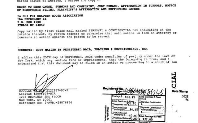 AFFIRMATION/AFFIDAVIT OF SERVICE (Motion #001) CHI PHI CHAPTER HOUSE ASSOCIATION