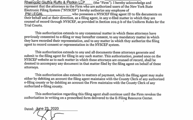 STATEMENT OF AUTHORIZATION FOR ELECTRONIC FILING (Motion #001)