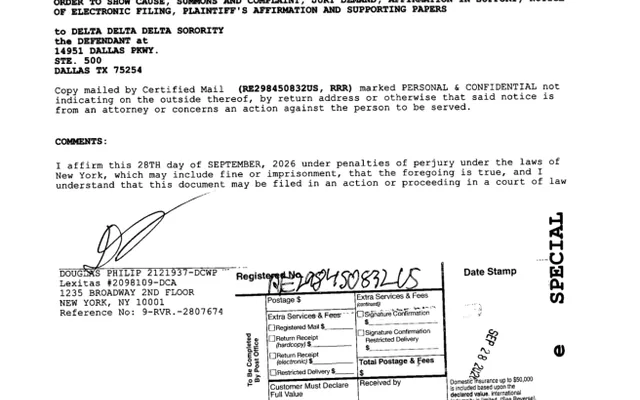 AFFIRMATION/AFFIDAVIT OF SERVICE (Motion #001) DELTA DELTA DELTA SORORITY