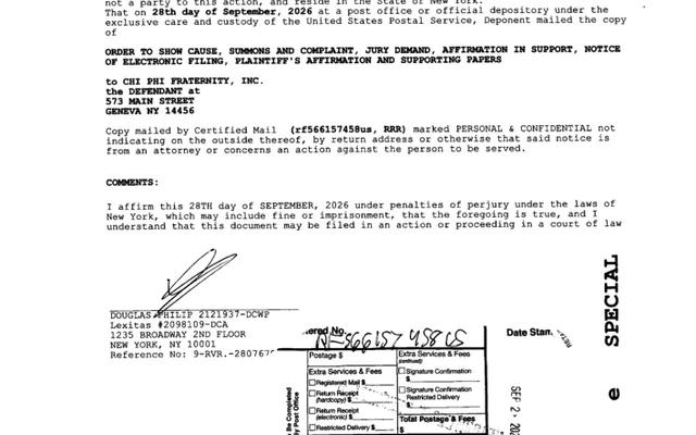 AFFIRMATION/AFFIDAVIT OF SERVICE (Motion #001) CHI PHI FRATERNITY, INC