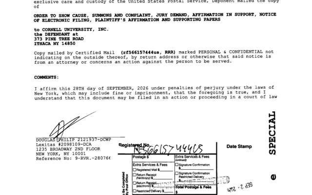 AFFIRMATION/AFFIDAVIT OF SERVICE (Motion #001) CORNELL UNIVERSITY, INC