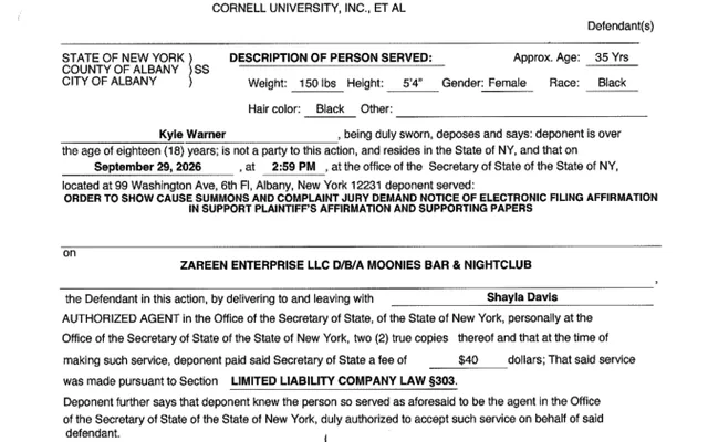 AFFIRMATION/AFFIDAVIT OF SERVICE (Motion #001) ZAREEN ENTERPRISE LLC D/B/A MOONIES BAR & NIGHTCLUB