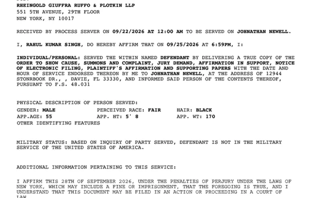 AFFIRMATION/AFFIDAVIT OF SERVICE (Motion #001) JOHNATHAN NEWELL