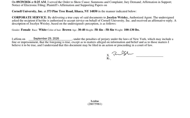 AFFIRMATION/AFFIDAVIT OF SERVICE (Motion #001) Cornell University, Inc.