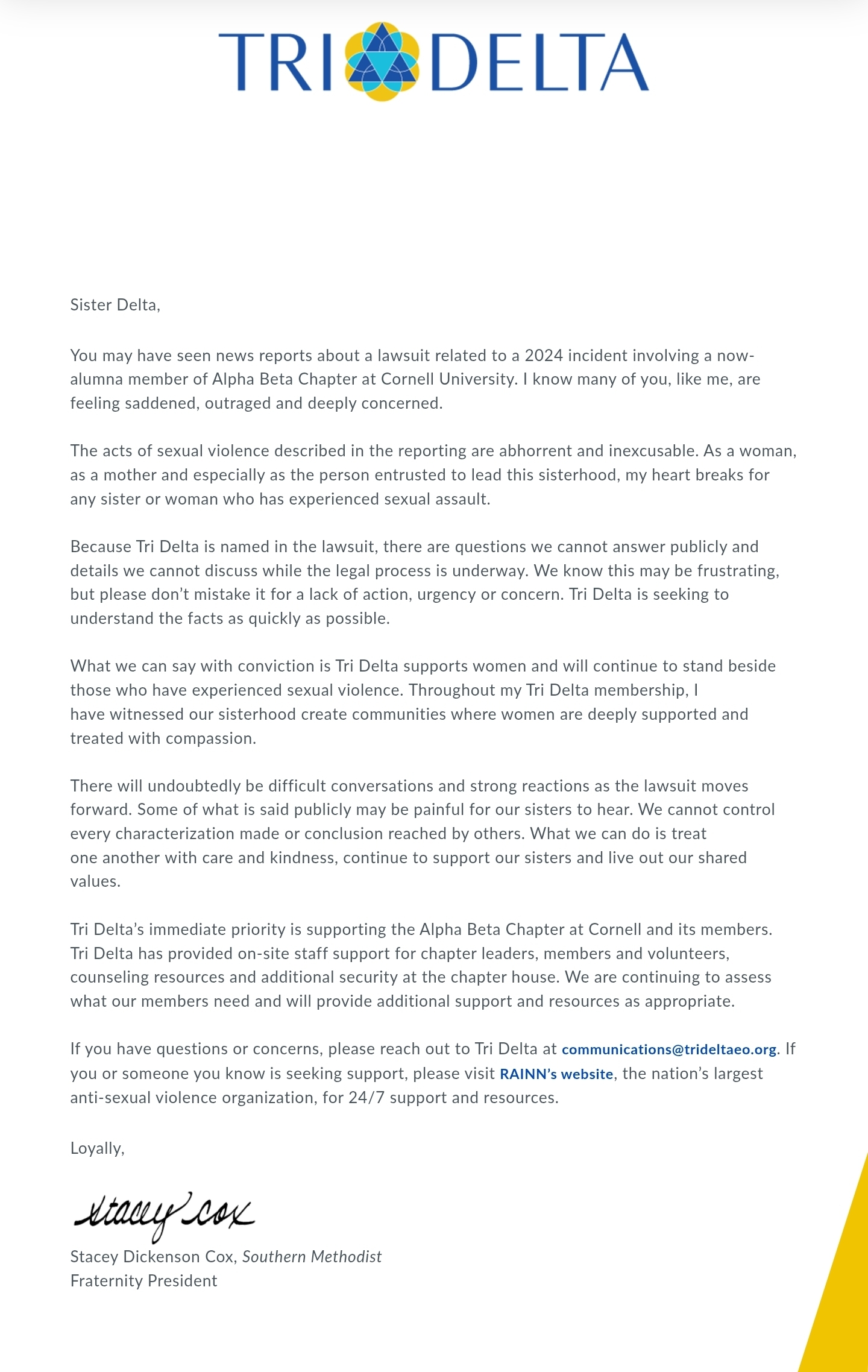 Tri Delta statement: