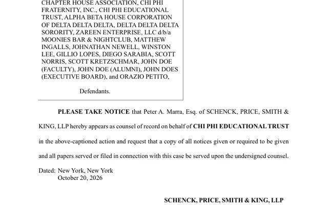 NOTICE OF APPEARANCE (POST RJI) Notice of Appearance for Chi Phi Educational Trust