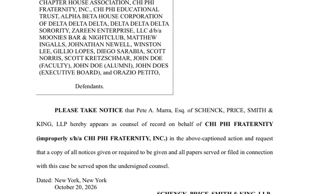 NOTICE OF APPEARANCE (POST RJI) Notice of Appearance for Chi Phi Fraternity