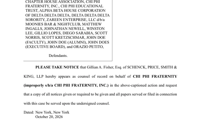 NOTICE OF APPEARANCE (POST RJI) Notice of Appearance for Chi Phi Fraternity