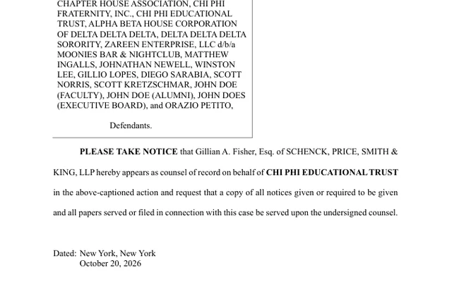 NOTICE OF APPEARANCE (POST RJI) Notice of Appearance for Chi Phi Educational Trust
