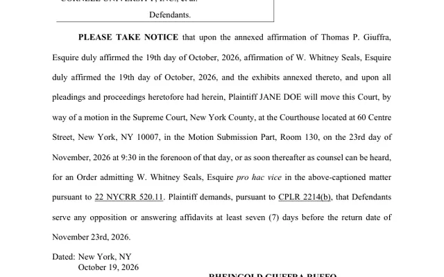 NOTICE OF MOTION *Corrected* Pro Hac Vice