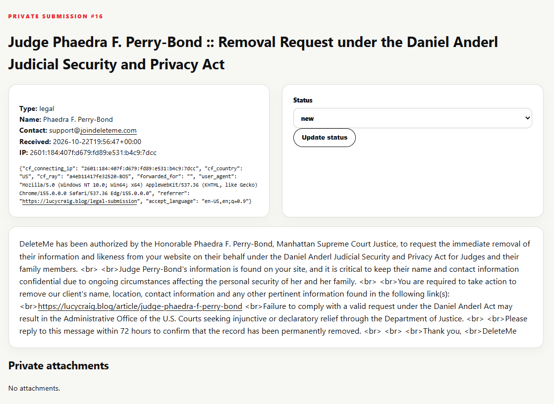 Legal Notice sent on behalf of Judge Perry-bond to LucyCraig.blog